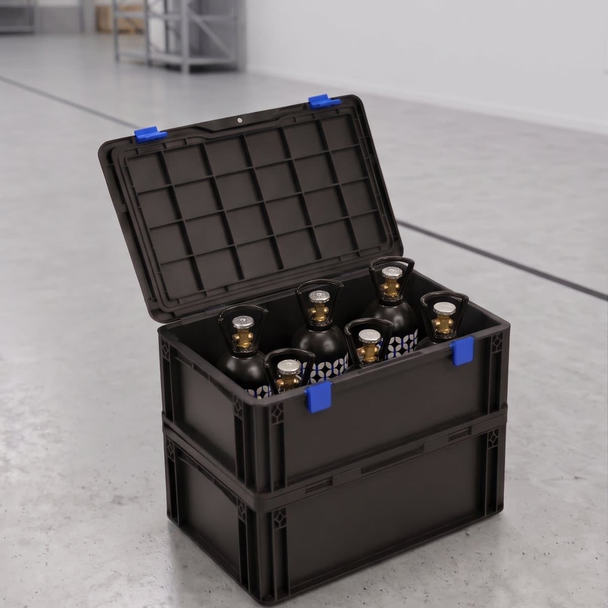 Open CO2 YOU hard case packed with 10 litre mixed gas cylinders